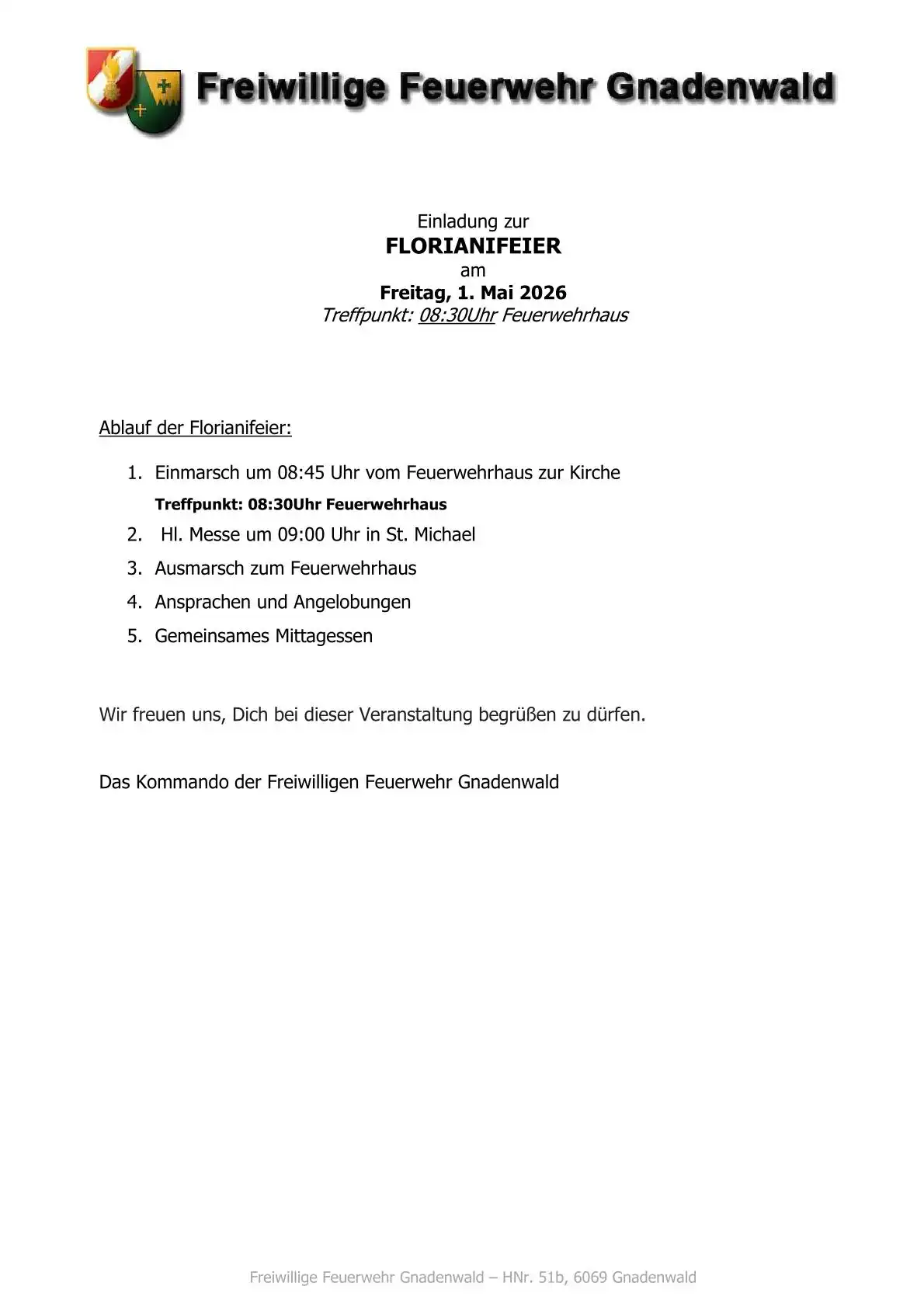 Word-Dokument mit Einladungstext und Ablaufankündigung zur Florianifeier 2026