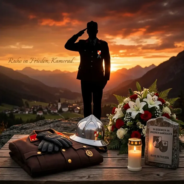 Symbolbild zur Ehrung verstorbener Kameraden: ein salutierender Feuerwehrmann hinter gefalteter Uniform mit Blumenschmuck und brennender Kerze