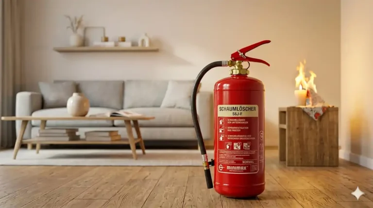 Im Hintergrund ein Wohnraum mit sichtbarer Flamme auf einer Ablage. Im Vordergrund ein roter Handfeuerlöscher.