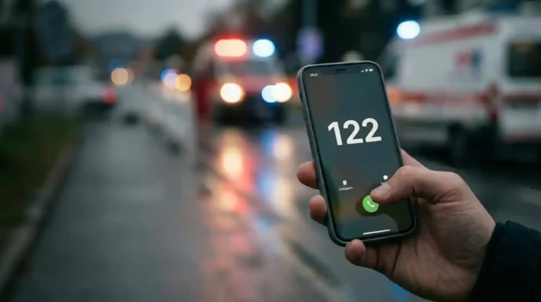 Eine Hand wählt die Notrufnummer 122 auf einem Smartphone. Im Hintergrund unscharf ein Notfallszenario