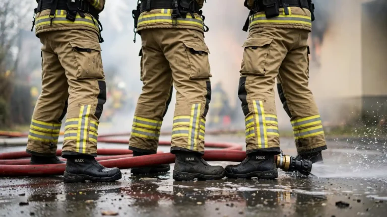 Blick aus der Froschperspektive: Drei Feuerwehrmitglieder auf nassem Asphalt Blick bis zur Hüfte. Auf dem nassen Boden liegen Feuerwehrschläuche